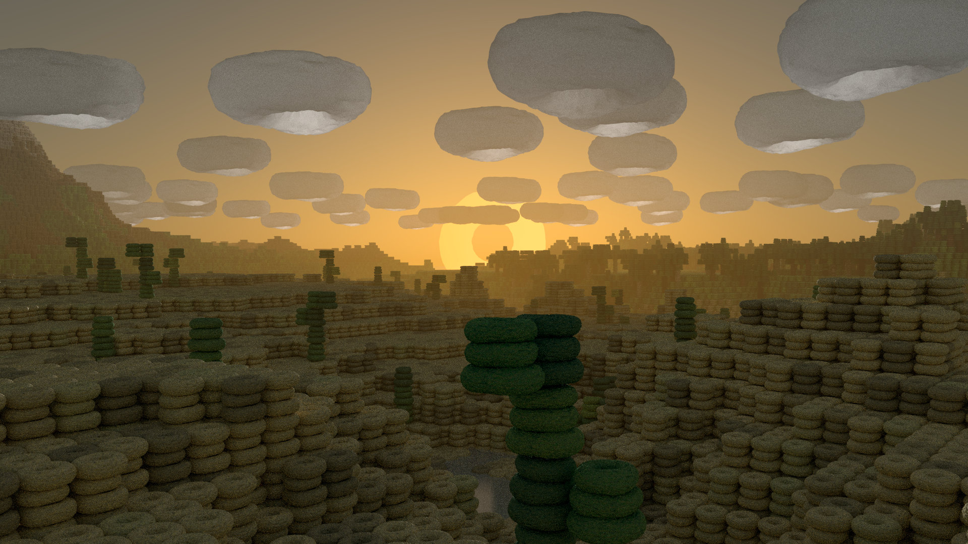 Our rendering pipeline allowed us to play with more advanced lighting features such as volumetric fog, sun rays, and bounce lighting to really bring the Cheeriocraft world to life