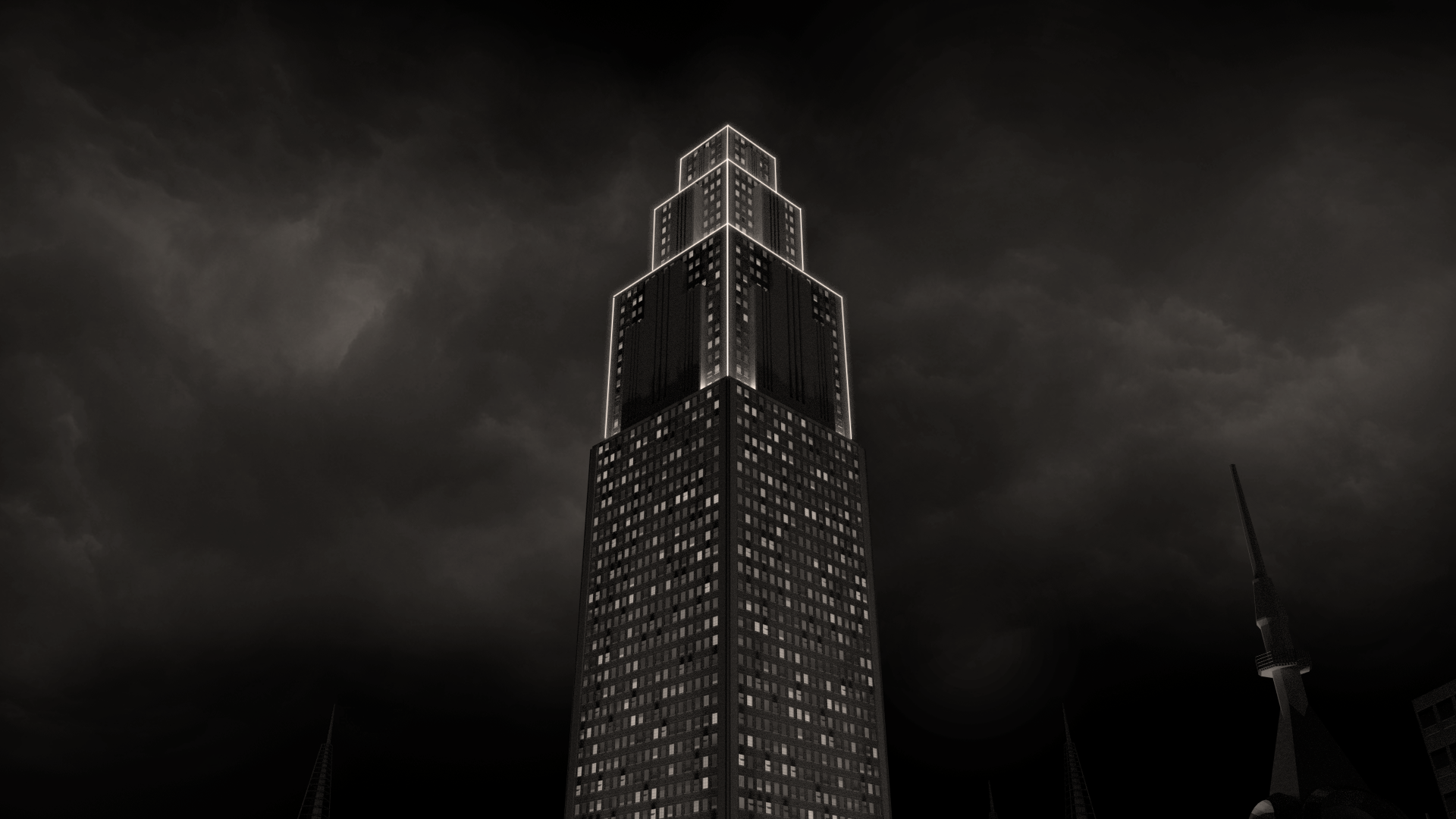  An alternate neon-topped building gave a unique look, but didn't fit in with the Studio229 logo so was eventually scrapped. 